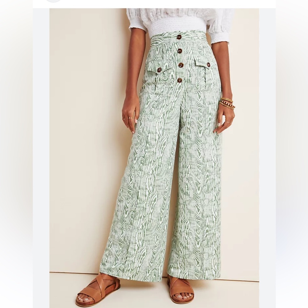 Anthropologie Pants NWT Size L Wide Leg Trouser Green Ivory Print